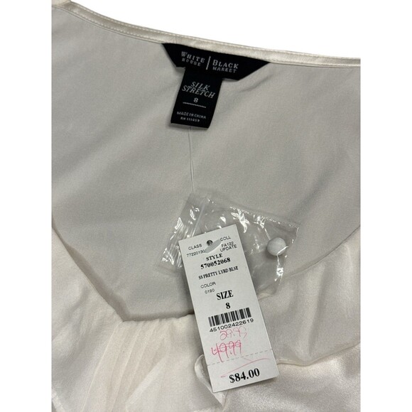 White House Black Market Silk Stretch Blouse Size 8 Ivory Ruffle Short Sleeve - Picture 4 of 8